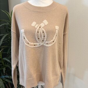 Lucky Brand Horseshoe Studded Sweater Camel Multi Tan Western Long Sleeve M